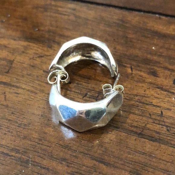 Art Deco Sterling Silver Modern Faceted 925 Hoops with Post Backs Earrings - Picture 5 of 7